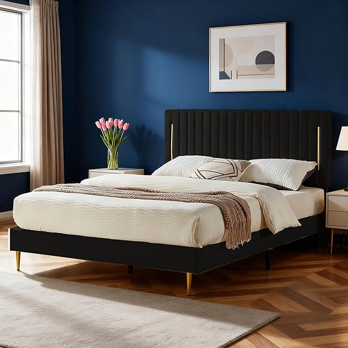 Queen Platform Bed Frame, Velvet Upholstered Bedframe with Vertical Channel Adjustable Headboard, Golden Plating Trim, Mattress Foundation with Wooden Slats, No Box Spring Needed, Black