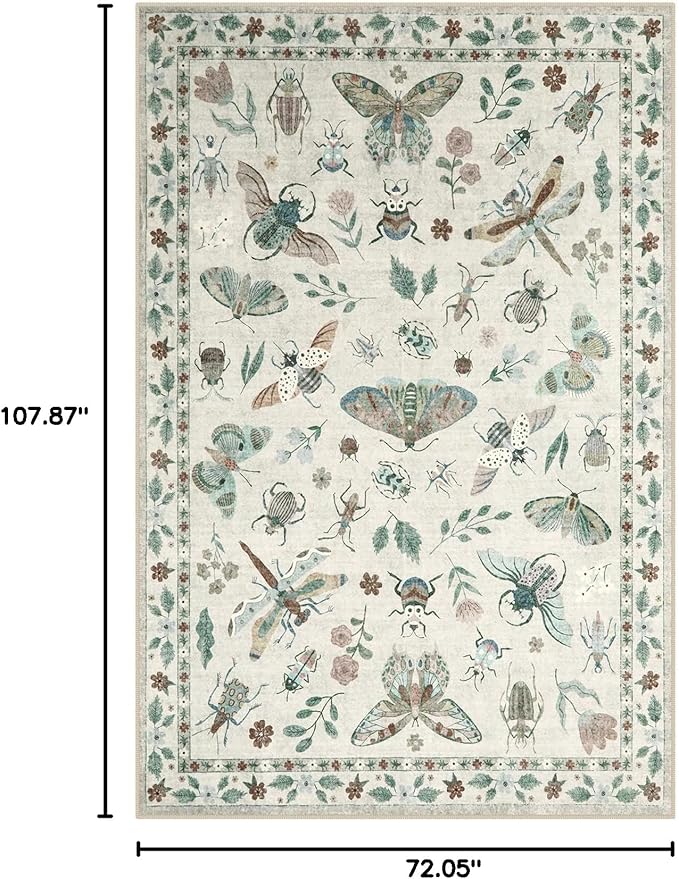 Lahome Insect Print Washable Rugs for Living Room, Soft 6x9 Area Rugs for Bedroom, Ultra-Thin Non Slip Modern Area Rug Low Pile Stain Resistant Throw Carpet for Dining Room Office(6'x9',Beige)