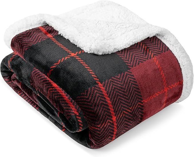 Pavilia Red Plaid Sherpa Throw for Twin, Plush Flannel Fleece Blanket and Throws, Soft Fuzzy Cabin Blanket for Sofa Bed, Warm Cozy Winter Gift, 60x80