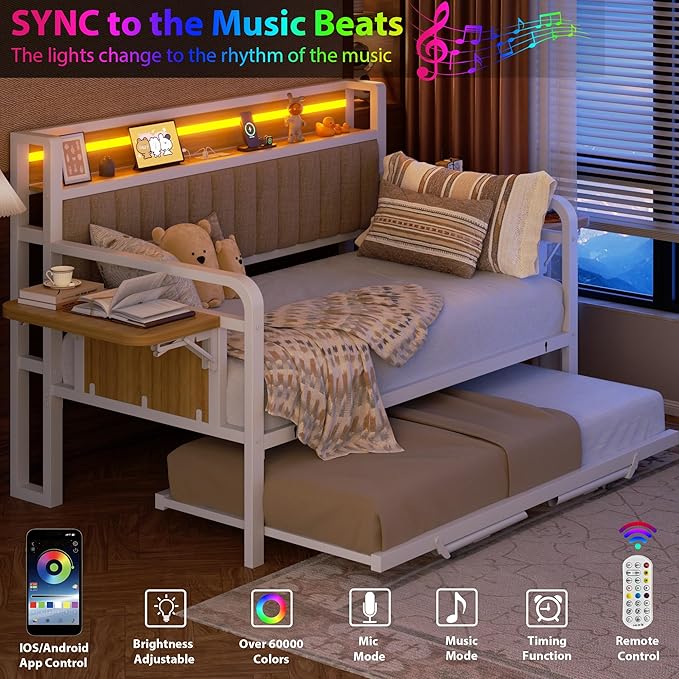 Daybed with Trundle, Twin Trundle Bed Frame - Metal Day Bed with LED Lights, Upholstered Storage Headboard & Charging Station, Pop Up Sleeper, Modern Design for Living Room and Guest Room-White