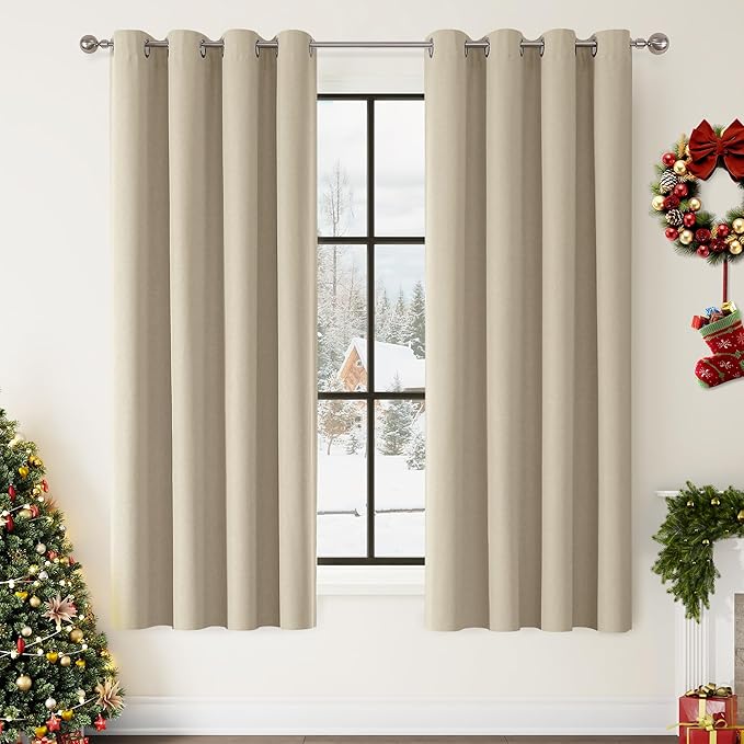 ChrisDowa 100% Blackout Natural Solid Solid Curtains 63 Inches Long 2 Panels for Bedroom Living Room,Farmhouse Room Darkening Thermal Insulated Soundproof Grommet Top Window Treatment Drapes,52x63