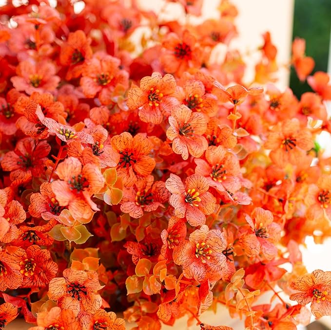 HyeFlora Artificial Fall Flowers Faux Mums for Outdoor Indoor Garden Home Decoration, Faux Flower Daisy with Eucalyptus Leaves Fake Mums Plants Greenery Boxwood Porch Patio, 12 Bundles (F Orange)