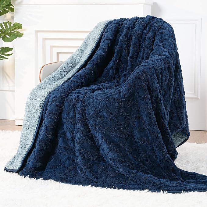 Sherpa Fleece Adult Weighted Blanket Great for Sleep, 20 lbs Dual Sided Soft Fuzzy Heavy Blankets for Couch Bed Sofa, Cozy Warm Fluffy Jacquard Throw for Winter (Navy Blue, 60" x 80", 20 Pounds)