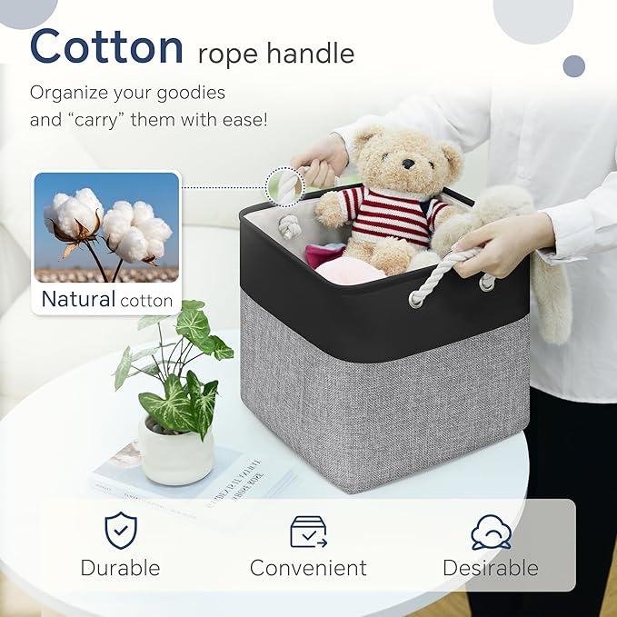 Fabric Cubes Storage Basket, 6 Pack 11x11 in with Handles Cube Storage Bins, for Shelves, Home, Office Organizers (Black/ Gray)