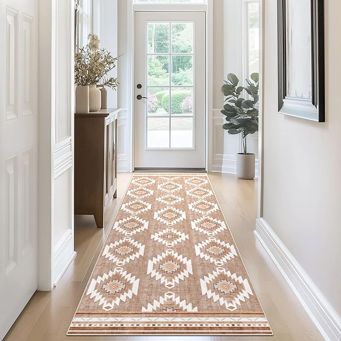 Runner Rug 2x10 Machine Washable Rug with Non-Slip Backing, Ideal for Kitchen Hallway Entryway Laundry Room - Western Style, Durable, Easy Clean, Low Pile Carpet Runner, Camel