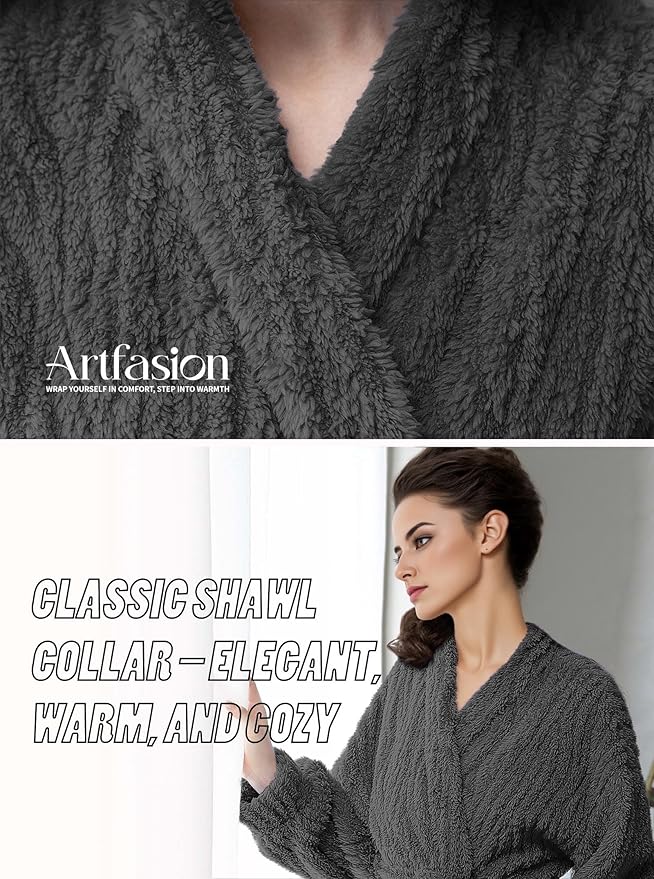 Artfasion Womens Long Fleece Robe - Warm Soft Floor Length Flannel Bathrobes for Winter Thicker Long House Coat with Pockets