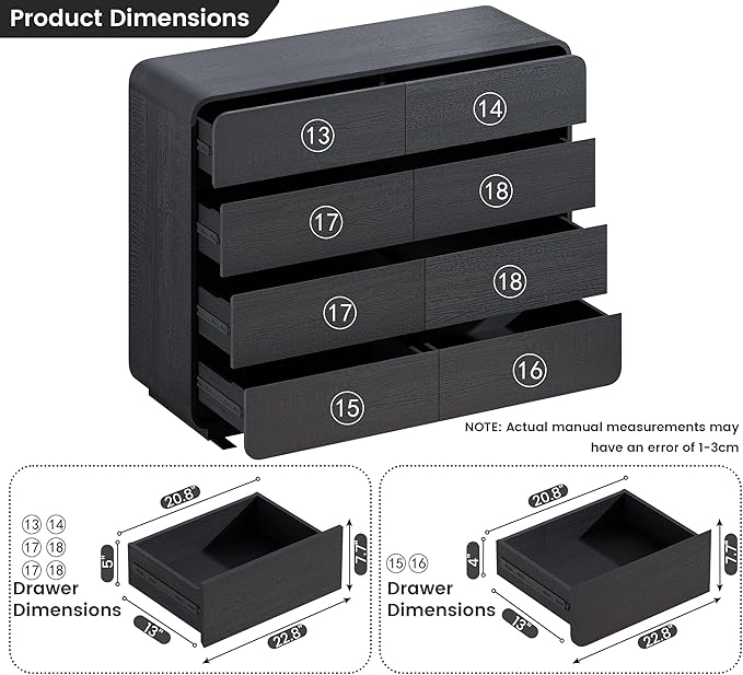 Black Dresser with 8 Drawers, Modern Chest of Drawers with Deep Drawers, Big Storage Organizer for Bedroom, Living Room, Hallway, 47’’Wide