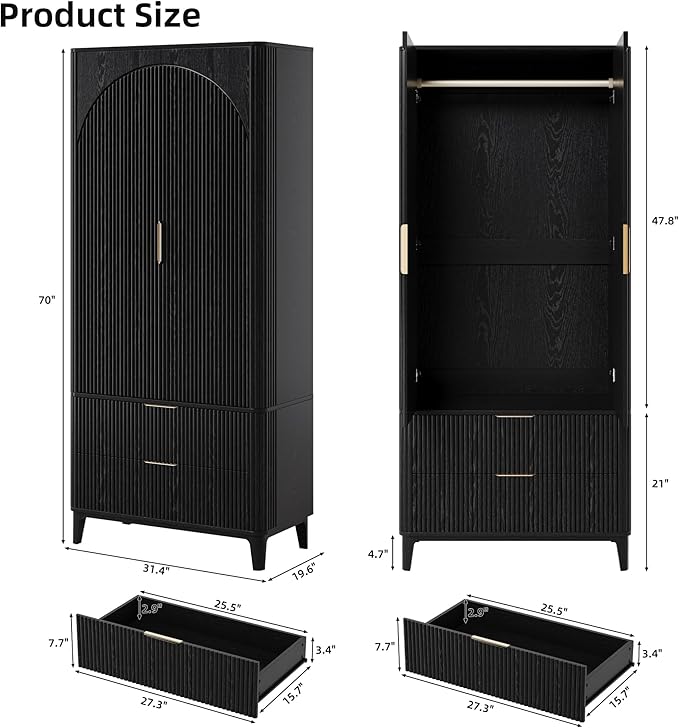 70.1" Arched Wooden Armoire Wardrobe Closet with 2 Doors and 2 Drawers, Fluted Bedroom Armoire with Hanging Rod Shelf, Clothing Storage Cabinet, Wardrobe Armoire Closet Cabinet for Bedroom