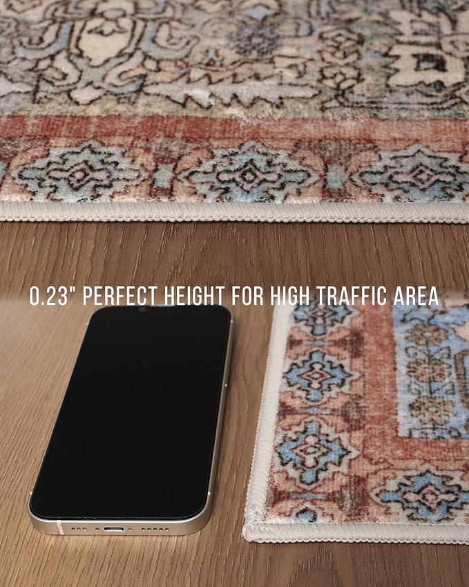 GENIMO 6X9 Area Rugs for Living Room, Machine Washable Vintage Floor Cover Foldable Modern Non Slip Rug, Low Pile Soft Indoor Carpet Floral Print Mat Rug,Bedroom/Dining Room/Office,Multi-Terracotta