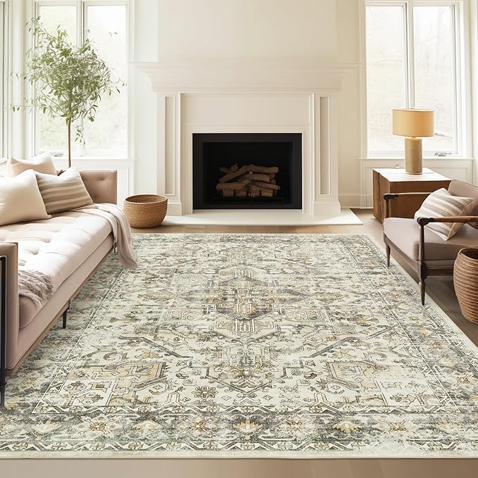 zesthome 8x10 Area Rugs for Living Room,Non-Slip Backing Washable Rugs,Vintage Large Area Rug，Stain Resistant Home Decor Rug (Beige/Brown,8'x10')