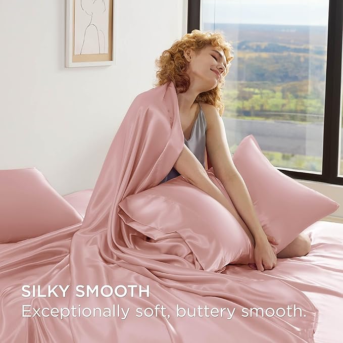Bedsure Satin Sheets Full Size - 4 Piece Silky Bedsheets with 15 Inches Deep Pocket Fitted Bedsheet,1 Flat Sheet, 2 Satin Pillowcases, Good for Hair & Skin (Full, Blush Pink)