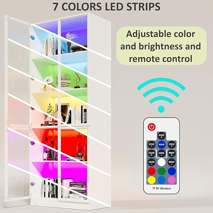 Display Storage Cabinet with Glass Door, LED Lights,Showcase for Collections, Perfume, Vinyl Albums, Bookcase for Home Office, Living Room, Clinic, Pantry (5 Layers-White)