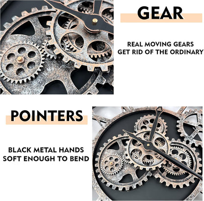 The B-Style Large Wall Clock 24 inch Moving Gear Wall Clock Oversized Vintage Farmhouse Wall Clocks for Living Room Decor Rustic Industrial Wood Clock (Silver Gray and Bronze)