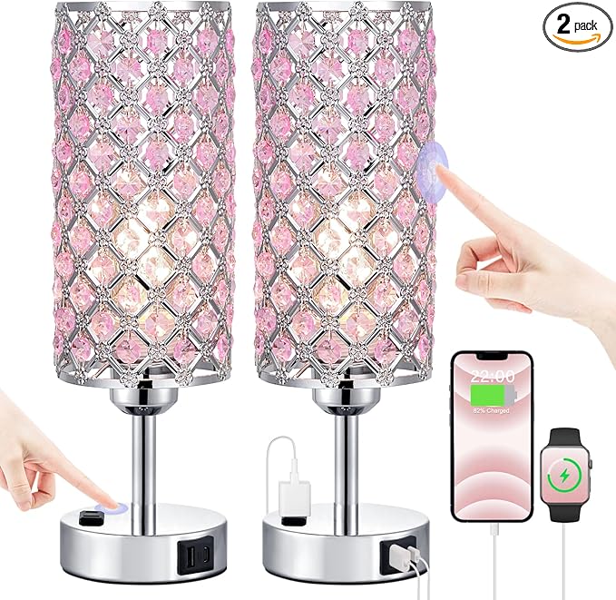 Pink Crystal Lamp Set of 2, 3 Way Dimmable Touch Lamp for Bedroom with Crystal Shade, Bedside Nightstand Lamps for Living Room Bedroom Home Office