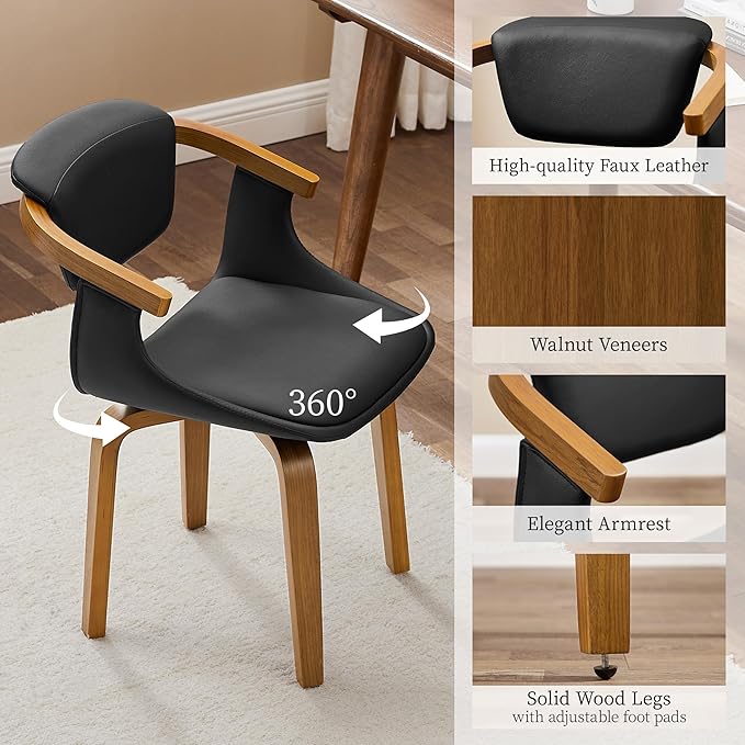 Art Leon Office Chair No Wheels - Mid Century Modern Swivel Desk Chair, Faux Leather Upholstered Accent Chair for Living Room Bedroom Study, Black