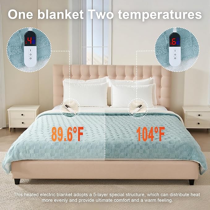 Electric Blanket, Heated Blanket with 6 Heat Levels & 10 Hours Auto Off, Soft Checked Flannel Fast Heating Blanket with ETL & FCC Certification (Green, 84"X90")