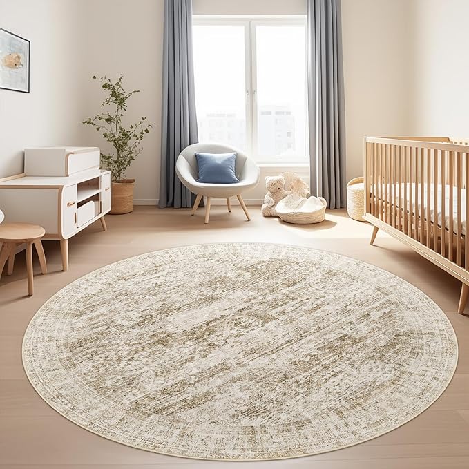 6x6 Brown Round Rug 6ft Living Room Circle Rug Vintage Round Area Rug Non Slip Indoor Carpet for Dining Room Bedroom