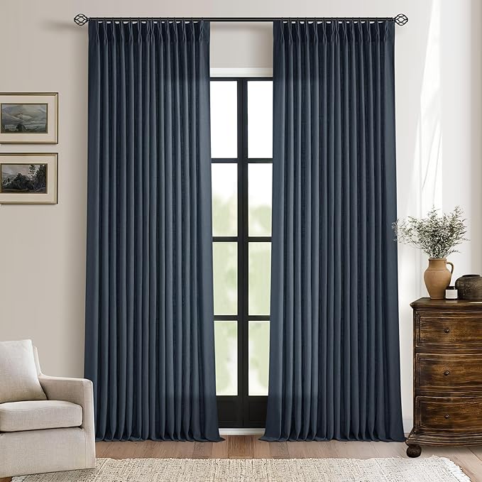 Navy Blue Pleated Linen Curtains 96 Inches Long for Living Room 2 Panel Set Semi Sheer Light Filtering Pinch Pleat with Rings Hooks Drapes Boho Farmhouse Dark Blue Indigo Curtain Bedroom Window