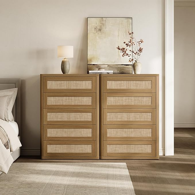SICOTAS Tall Dresser for Bedroom - Rattan 5 Drawer Dressers Chest of Drawers with Push-to-Open Design, Modern Extra Deep Clothes Dresser with Large Storage for Closet, Living Room, Amber Oak, 2PCS