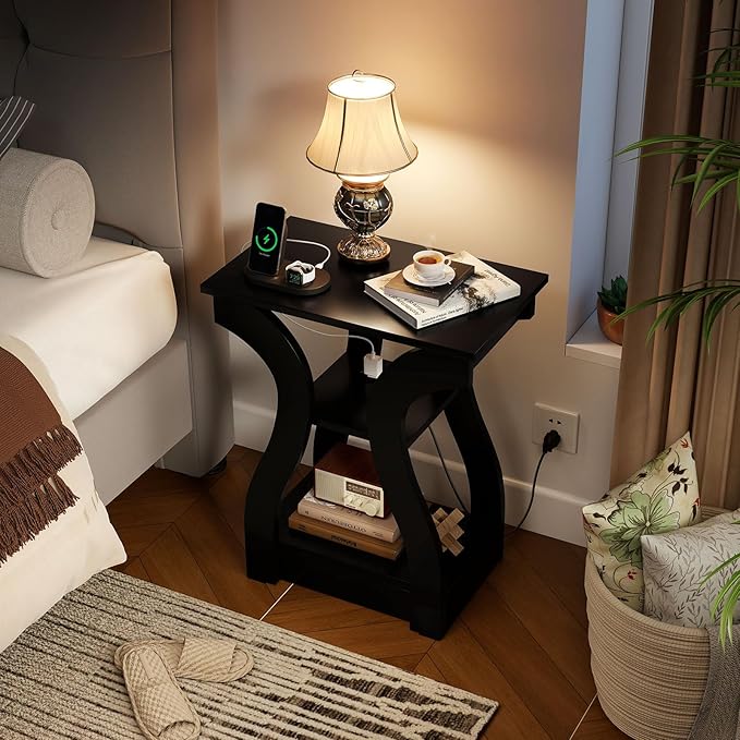 Giantex Narrow End Tables with Charging Station Set of 2, Wood Sofa Side Tables with Open Storage Shelves, Bedside Tables with USB Ports & Outlets, Modern Nightstands for Living Room, Bedroom, Black