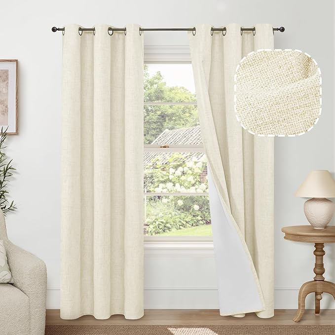 Linen Blackout Curtains for Living Room Narrow Window, Thermal Insulated Complete Light Blocking Privacy Soundproof Small Curtains for Bedroom, Each 38 Inch Wide 80 Inch Length 2 Panels, Cream