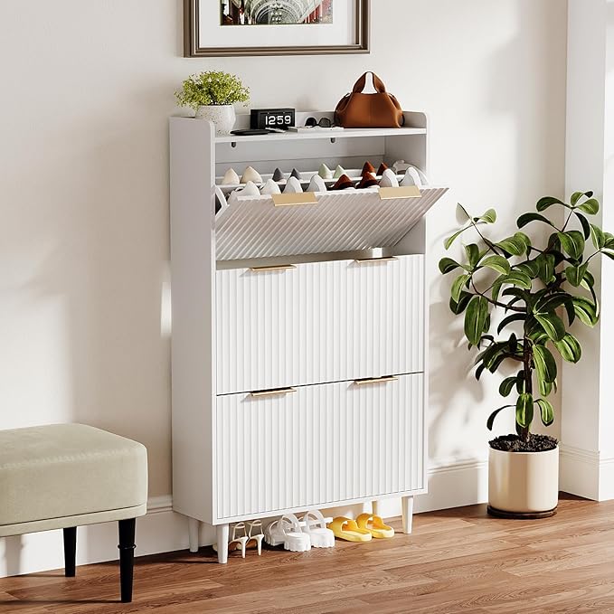 VINGLI White Fluted Shoe Storage Cabinet for Entryway with 3 Flip Drawers, Narrow Shoe Organizer with Fluted Panel, Modern Freestanding Wood Shoe Cabinet for Foyer, Hallway (White, 3 Flip Drawers)