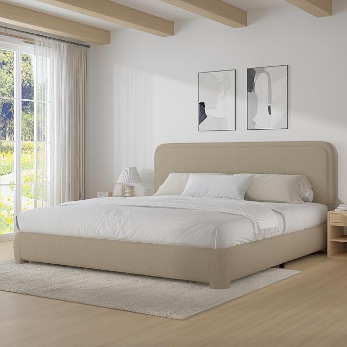 BarnFurin Boucle Upholstered Bed Frame King Size/Cloud Bed Frame/Soft Rounded Corners Headboard/Low Profile/No Box Spring Needed/Beige