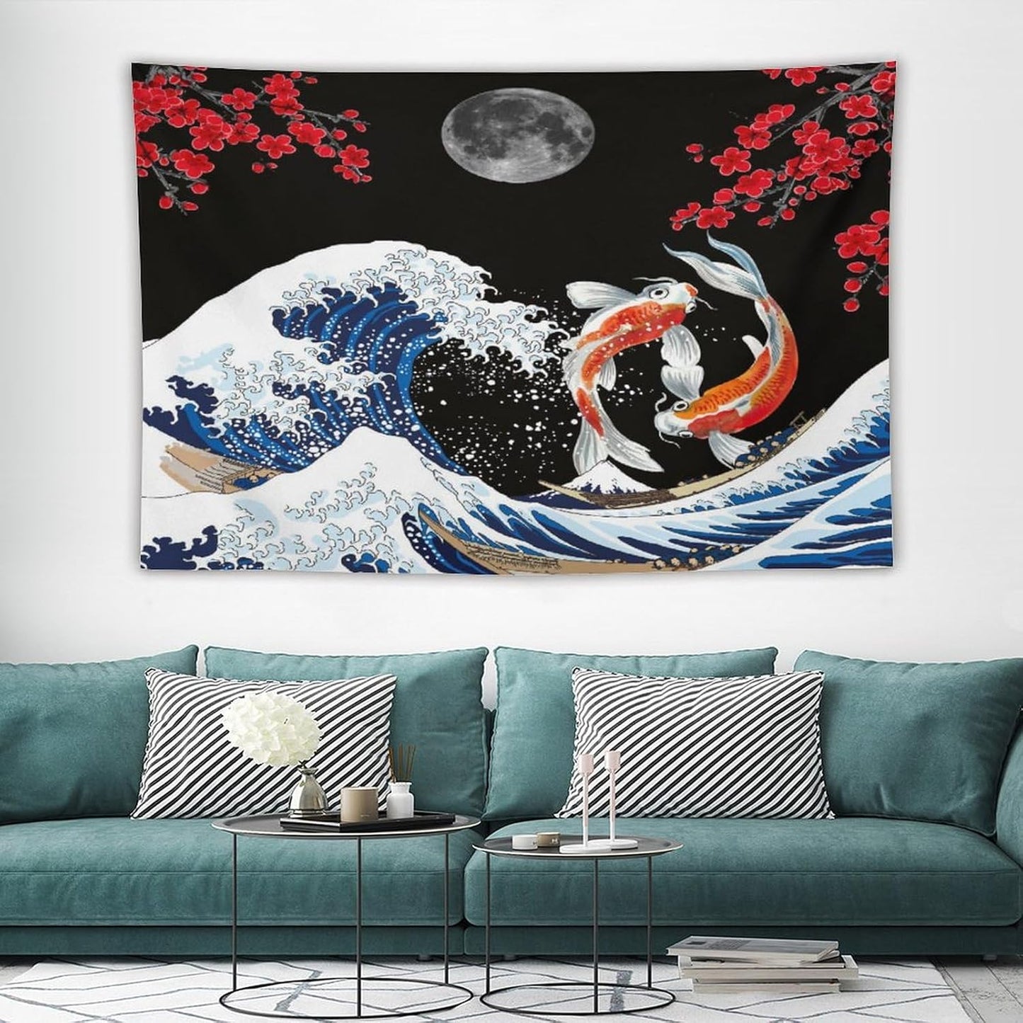 Houselerax Japanese Koi Fish Tapestry, Yin Yang Big Wave Red Cherry Blossom Tapestries Wall Hanging for Bedroom Living Room Office Decor 90"x60"