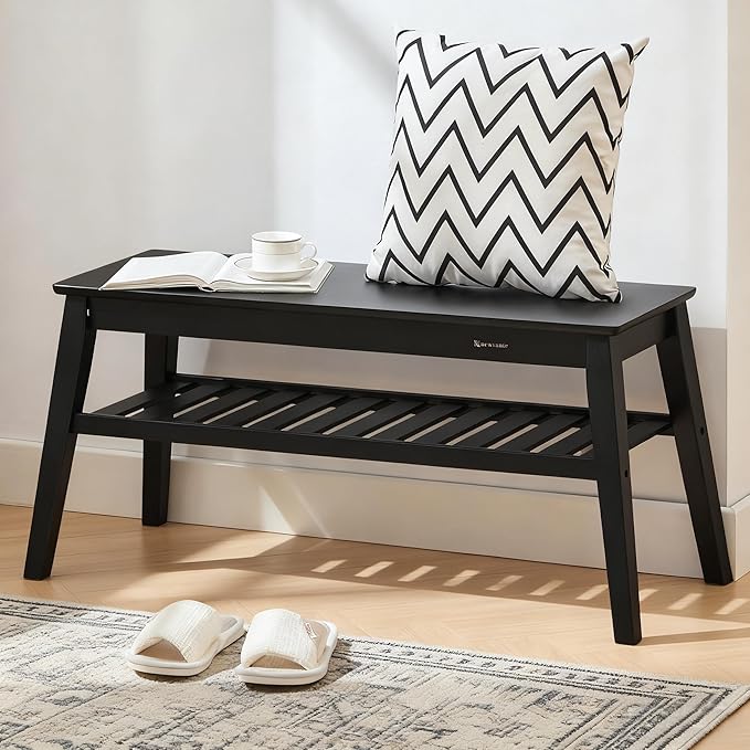 Nnewvante Bamboo Entryway Bench, 33.46" End of Bed Bench, 2 Tier Black Bench for Bedroom, Indoor Bench for Living Room, Dining Room, Hallway, Holds up to 300lbs