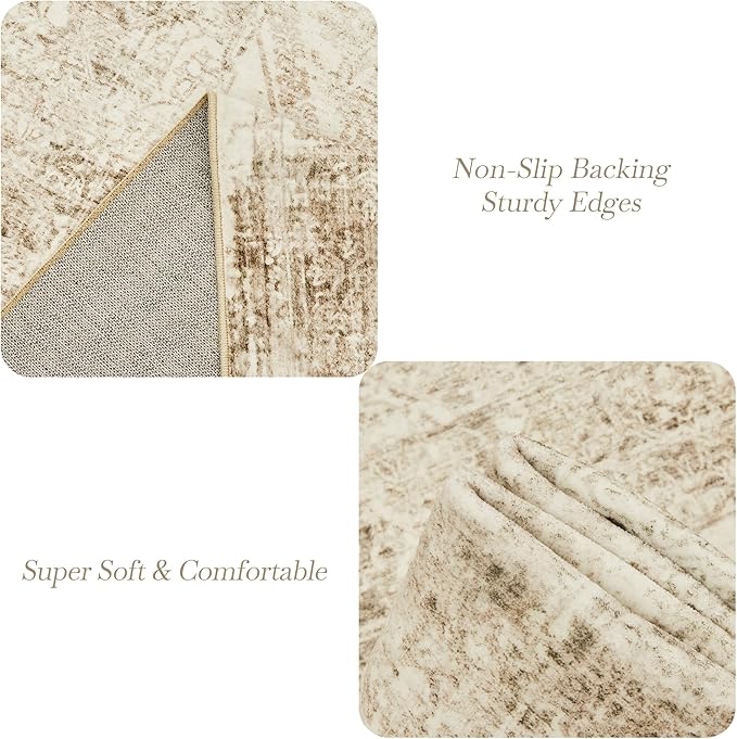 5x7 Area Rugs Brown Low Pile Indoor Washable Trendy Faded Style Floral Rugs for Bedroom Living Room Dining Room Foldable Non-Slip Thin Print Mat