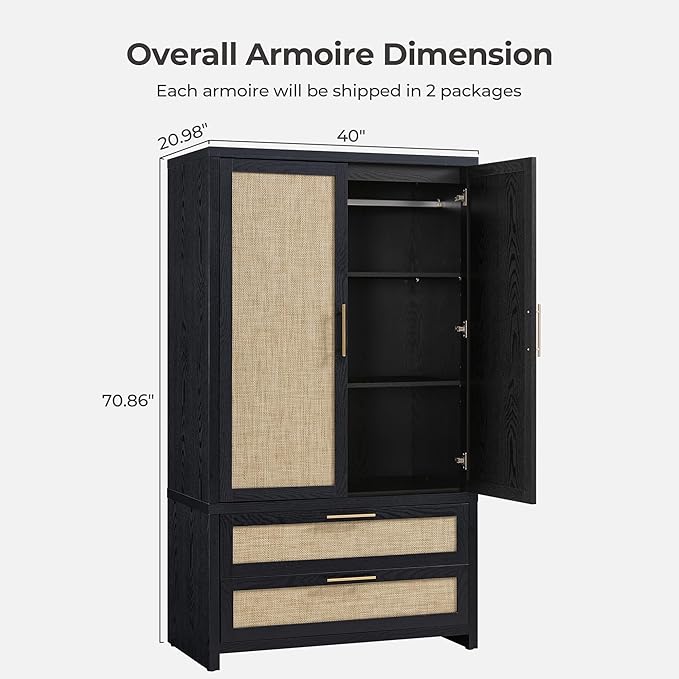 SICOTAS Armoire Wardrobe Closet, Larger Rattan Armoires Wardrobe Cabinet with 2 Large Drawers & Hanging Rod, Tall Closet Storage Cabinet for Cloak Room, Bedroom, Black Oak (3 Pieces)