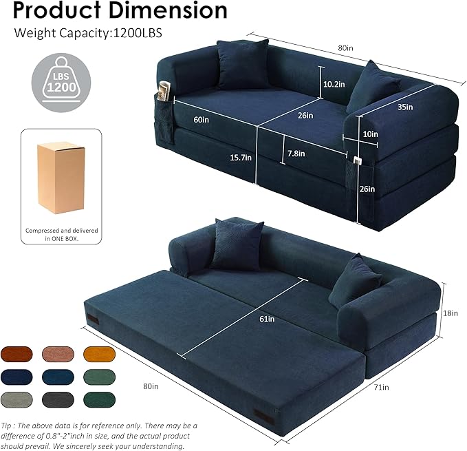 80" Convertible Sofa Bed, Corduroy Deep Seat Folding Pull Out Couch with Pillows, No Assembly Modern Boneless Couch Compression Sofa in Box, Floor Sofa with Storage Pocket for Living Room,Navy Blue