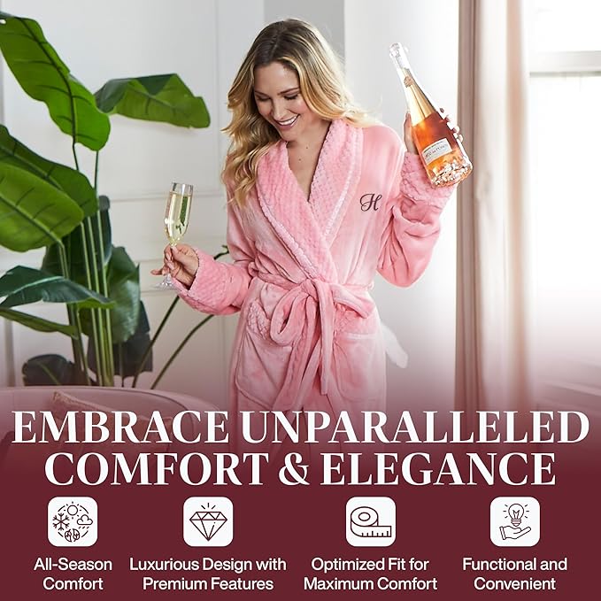 Lotus Linen Plush Robes for Women - Soft Bathrobe, Custom Monogram, Warm Fleece Robe with Pockets