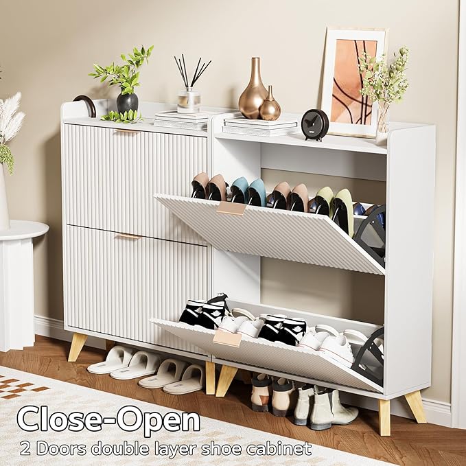 Slim Shoe Storage Cabinet for Entryway, 2 Flip Drawers Wooden Organizer with Fluted Panel, Secure Fence Top for Plants & Decor, Hidden Shoe Storage for Hallway & Foyer (White)