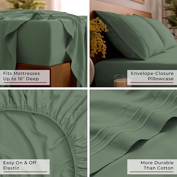 Mellanni Queen Sheet Set - 6-Piece Iconic Collection Bedding, (Including 4 Pillowcases), 16-Inch Deep Pocket, Easy Care, Extra Soft, Cooling Sheets, Brushed Microfiber - Sage