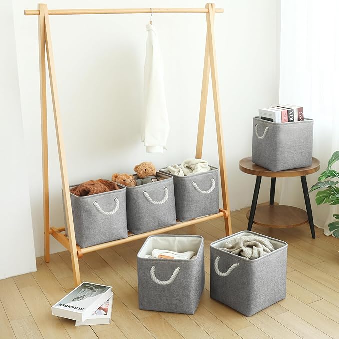 Large 11x11 Inch Cube Storage Bins with Cotton Handles for Closet, Shelves, Clothes, Towel (Gray-6 Pack)