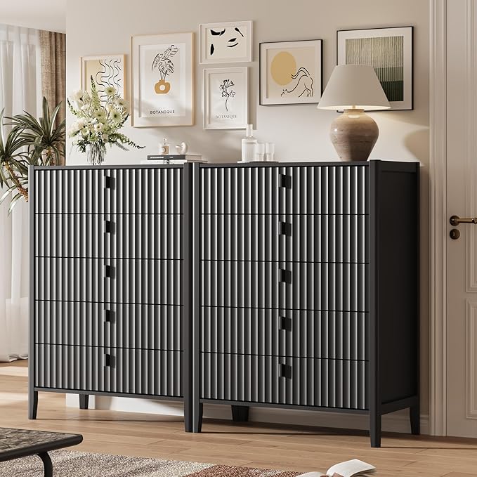 5 Drawer Dresser, Modern Chest of Drawers for Bedroom, Wood Fluted Dresser Organizer with Deep Drawers for Clothes, Nightstand for Bedroom, Hallway, Living Room, Entryway, Black