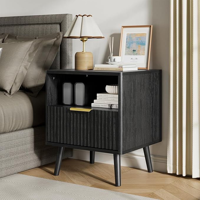 LYNSOM Fluted Dresser and Nightstand Sets 3 Piece, 8-Drawers Dresser and 1-Drawer Nightstands Set of 2, Wood Bedroom Furniture Set for Home, Bedroom, Hallway, Black