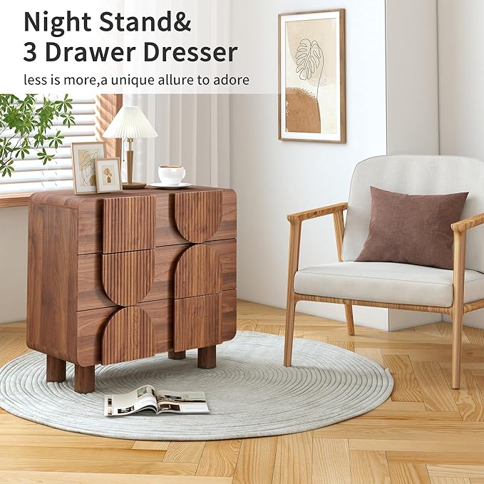 3 Drawer Dressers for Bedroom, 31.5" Wide Large Mid Century Modern Fluted Nightstand 2 Sets, Wood Dresser & Chest of Drawers with Curved Profile for Living Room, Entryway, Hallway Walnut