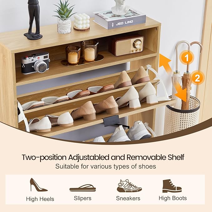 47" Fluted Large Shoe Cabinet with 4 Flip Drawers, Slim Freestanding Shoe Cabinet Organizer, Narrow Shoes Storage Rack for Entryway, 5 Sturdy Legs (All Natural-2 drawers, 9.45"D x 31.5"W x 41.93"H)
