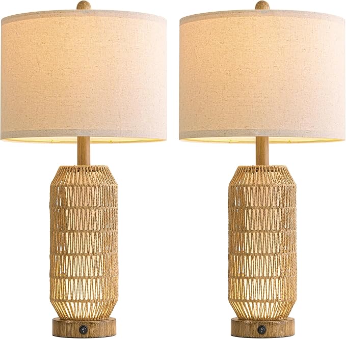 OYEARS 25" Table Lamps Set of 2 with Night Light,Bedside Lamps for Bedroom,Boho Lamps with USB C+A Charging Ports,Farmhouse Table Lamp with Rattan,Frosted Glass,Linen Shade (Wood Grain,Bulb Included)