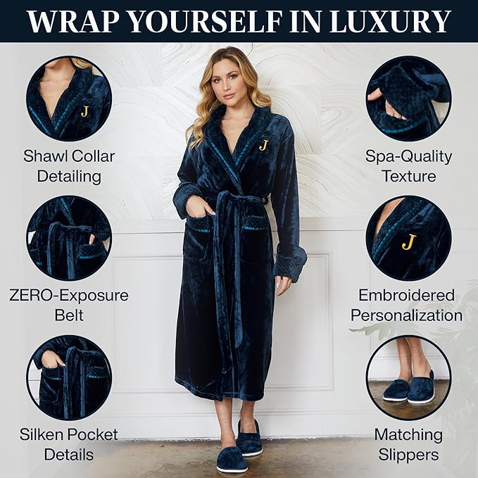 Lotus Linen Plush Robes for Women - Soft Bathrobe, Custom Monogram, Warm Fleece Robe with Pockets