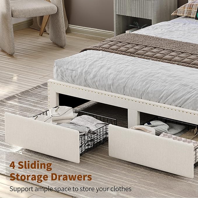 Queen Size Bed Frame with LED Light and Charging Station, Upholstered Bed Frame with 4 Drawers and 2-Tier Storage Headboard, Noise Free, Easy Assembly, Wooden Slats Support, No Box Spring Needed,White