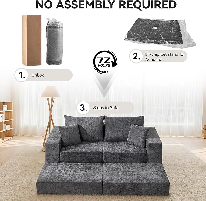 Boneless Sectional Loveseat Couch with Ottoman, Convertible Modular Floor Sleeper Sofa Bed, Comfy Foldable Compression Love Seat Sofa for Living Room, No Assembly, Dark Grey
