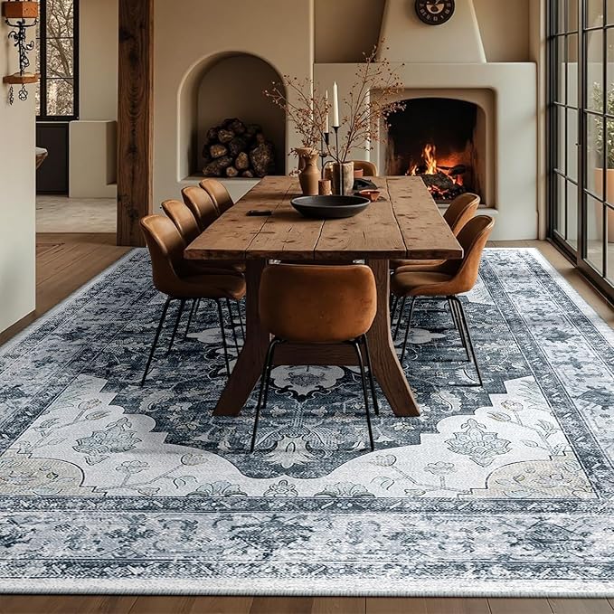 Area Rugs 10'x12' Washable Non-Slip, Floral Vintage Distress Print Pattern Medallion Carpet for Living Room Bedroom Dining Room, Light Gray Grey White
