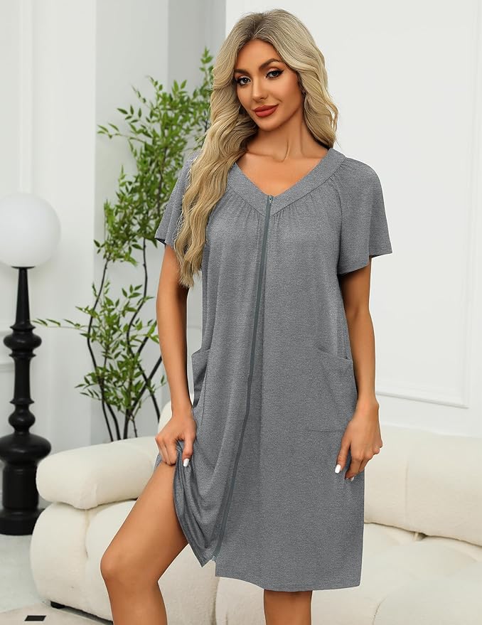 Ekouaer Women Robe Zipper Front Mumu Duster Robes Zip Up Housecoat Soft Sleepwear with Pockets S-3XL