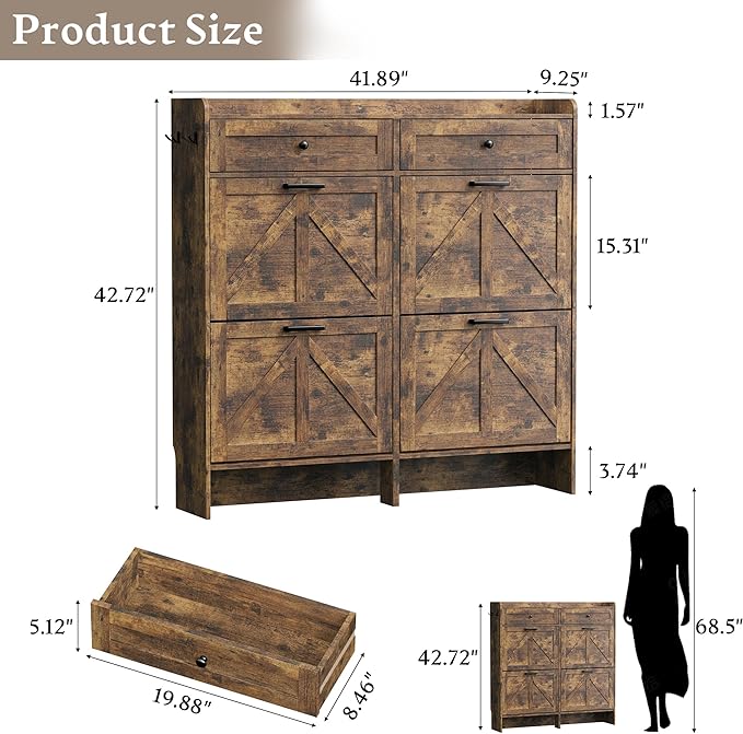 Shoe Storage Cabinet for Entryway, Farmhouse Wide Shoe Cabinet with 4 Flip Drawers and 2 Top Drawers, Freestanding Organizer with Adjustable Shelves, Hooks, and Anti-Tip Kit for Hallway