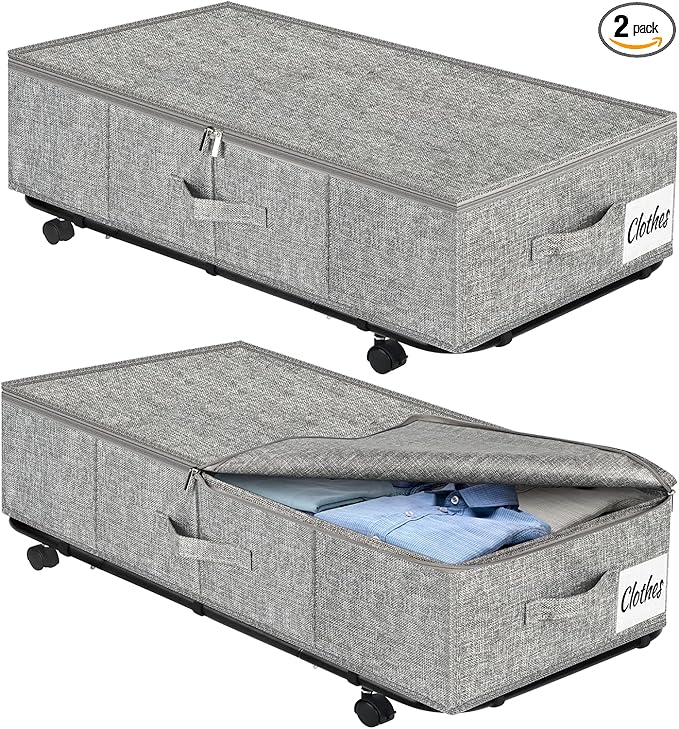 Large Sturdy Under Bed Storage with Wheels, 2 Pack 50L Rolling Underbed Storage Bins, Under Bed Containers Drawer with Metal Bottom Support, Bedroom Organizer with Lids for Clothes, Shoes, Blankets