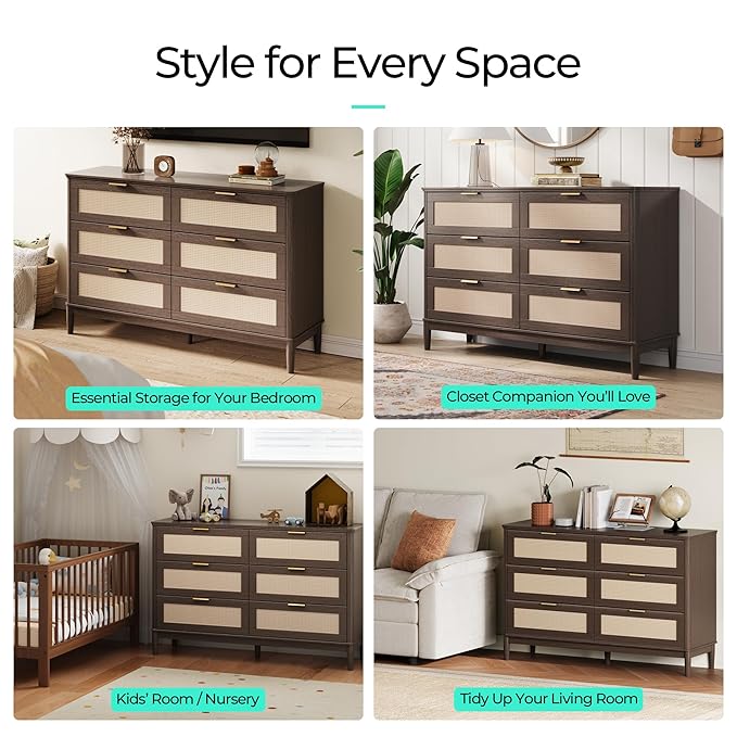 LINSY HOME Rattan Dresser for Bedroom with 6 Drawers, 47" Wide Chest of Drawers, Mid Century Modern Dresser TV Stand with Metal Handle, Wood Closet Storage Cabinet for Living Room, Hallway, Walnut