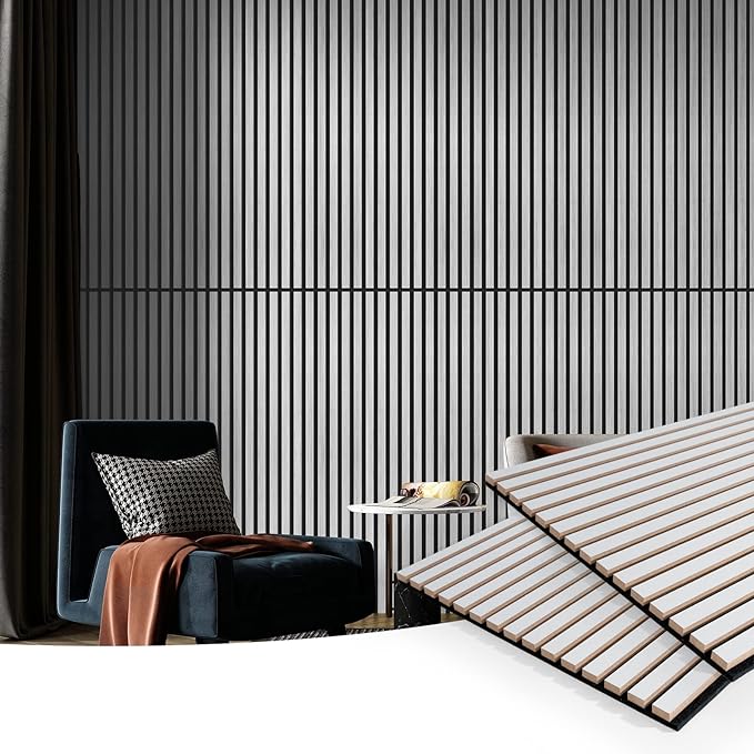 Art3d 2 Wood Slat Acoustic Panels for Wall and Ceiling - 3D Fluted Sound Absorbing Panel with Wood Finish - Silver